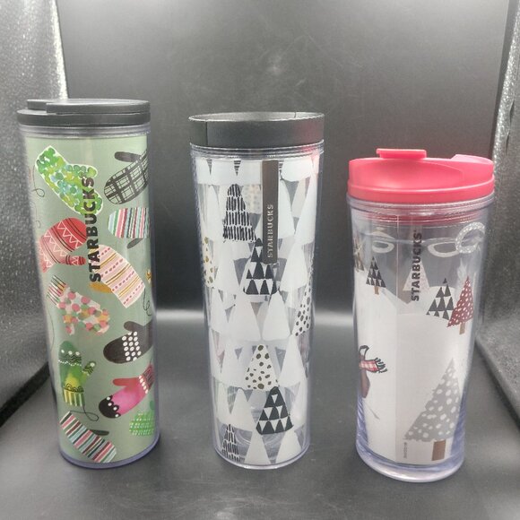 3 Starbucks Christmas Travel Tumblers Trees Fox Mittens 2009 2013 2017 EUC - Picture 1 of 5